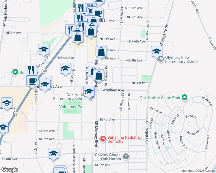 map of restaurants, bars, coffee shops, grocery stores, and more near 1348 East Whidbey Avenue in Oak Harbor