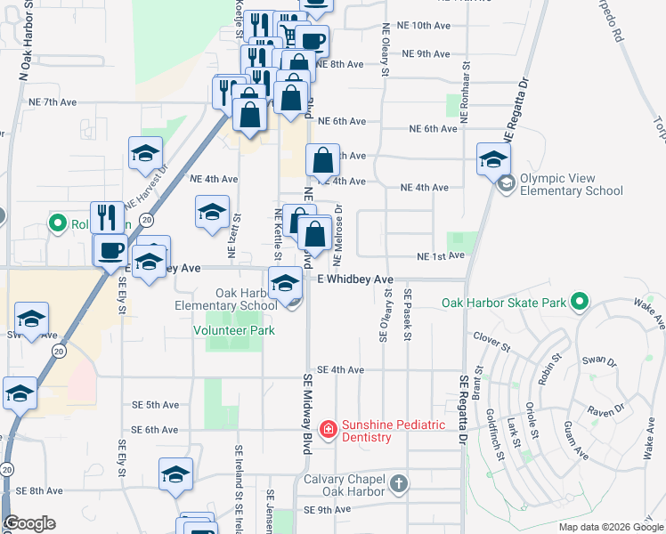 map of restaurants, bars, coffee shops, grocery stores, and more near 1348 East Whidbey Avenue in Oak Harbor