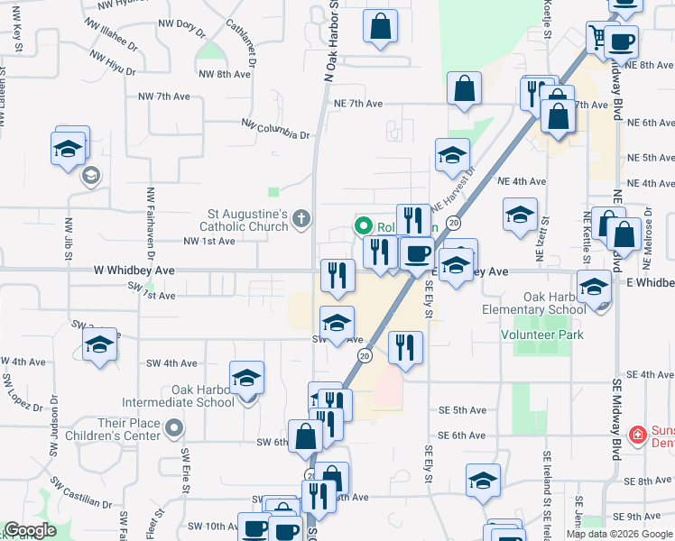 map of restaurants, bars, coffee shops, grocery stores, and more near in Oak Harbor