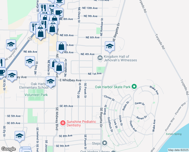 map of restaurants, bars, coffee shops, grocery stores, and more near 1743 Northeast 1st Avenue in Oak Harbor