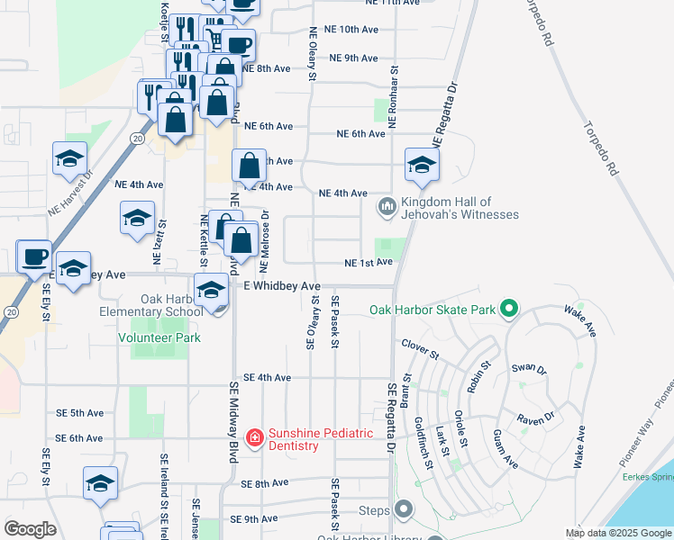 map of restaurants, bars, coffee shops, grocery stores, and more near 1581 Northeast 1st Avenue in Oak Harbor