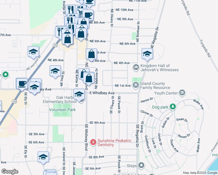 map of restaurants, bars, coffee shops, grocery stores, and more near 45 Northeast Nunan Loop in Oak Harbor