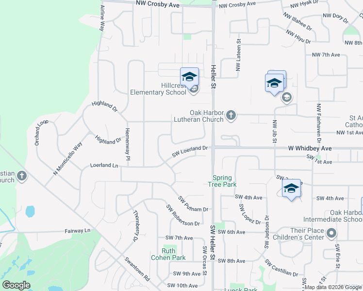 map of restaurants, bars, coffee shops, grocery stores, and more near 1613 Northwest Outrigger Loop in Oak Harbor