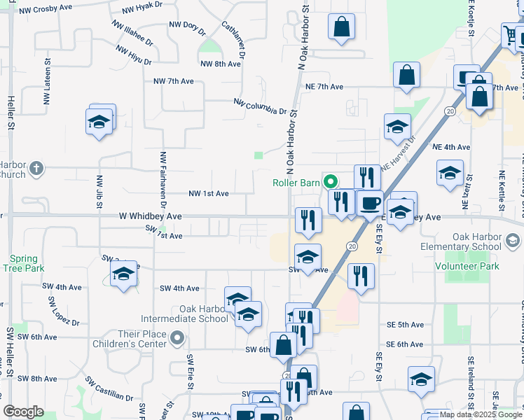 map of restaurants, bars, coffee shops, grocery stores, and more near 136 West Whidbey Avenue in Oak Harbor