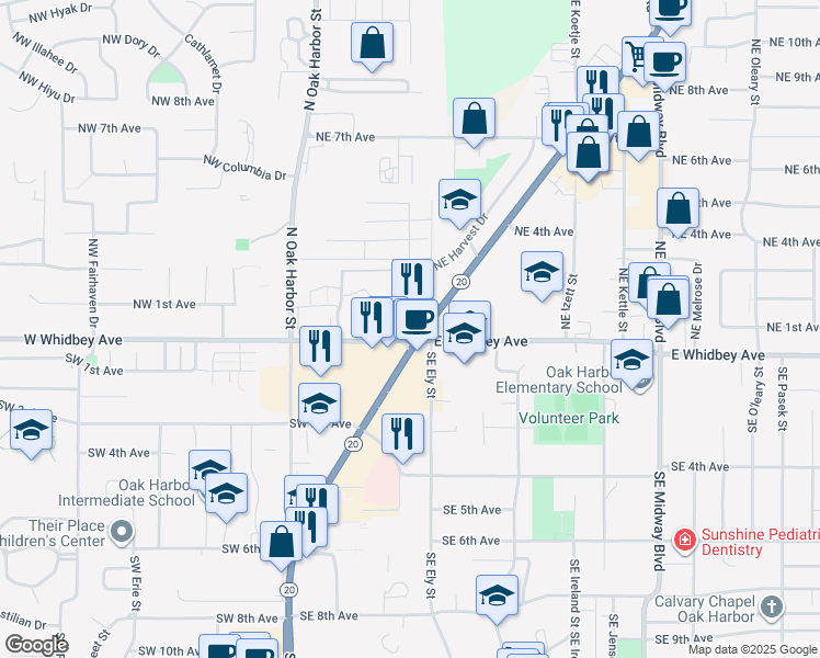 map of restaurants, bars, coffee shops, grocery stores, and more near 390 East Whidbey Avenue in Oak Harbor
