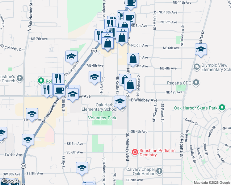 map of restaurants, bars, coffee shops, grocery stores, and more near 1110 East Whidbey Avenue in Oak Harbor