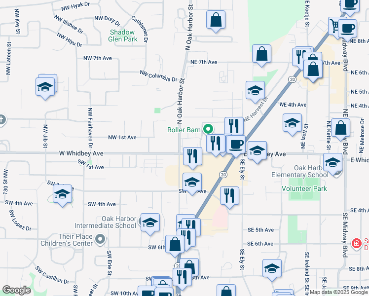 map of restaurants, bars, coffee shops, grocery stores, and more near 26 West Whidbey Avenue in Oak Harbor