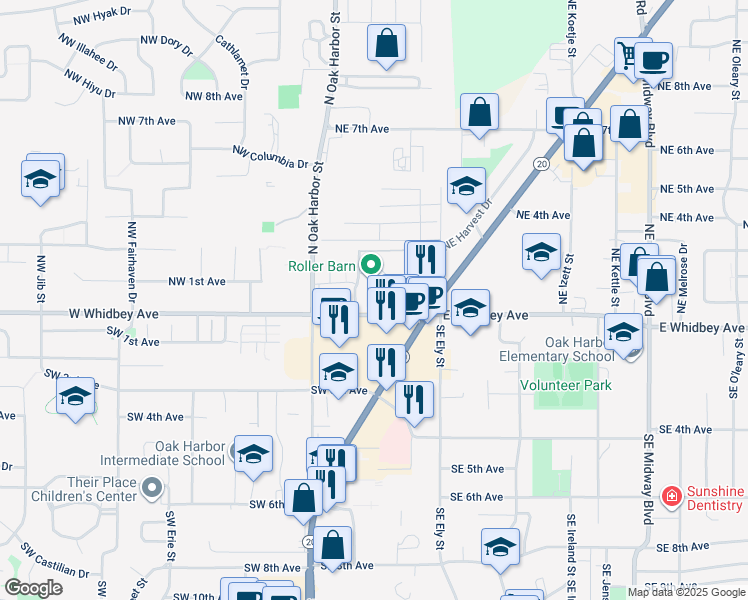 map of restaurants, bars, coffee shops, grocery stores, and more near 240 East Whidbey Avenue in Oak Harbor