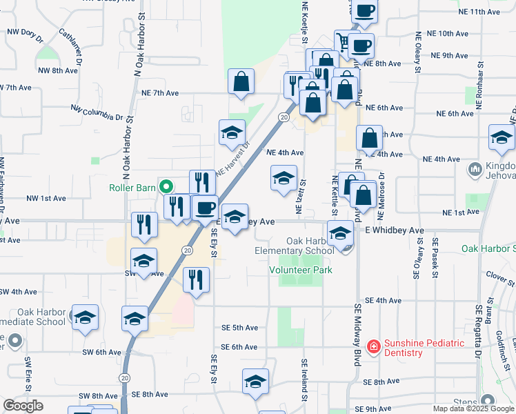 map of restaurants, bars, coffee shops, grocery stores, and more near 726 East Whidbey Avenue in Oak Harbor