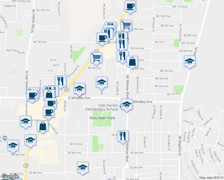 map of restaurants, bars, coffee shops, grocery stores, and more near 984 East Whidbey Avenue in Oak Harbor
