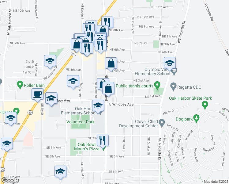 map of restaurants, bars, coffee shops, grocery stores, and more near 85 Northeast Melrose Drive in Oak Harbor