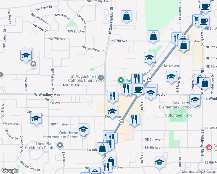 map of restaurants, bars, coffee shops, grocery stores, and more near 76 North Oak Harbor Street in Oak Harbor