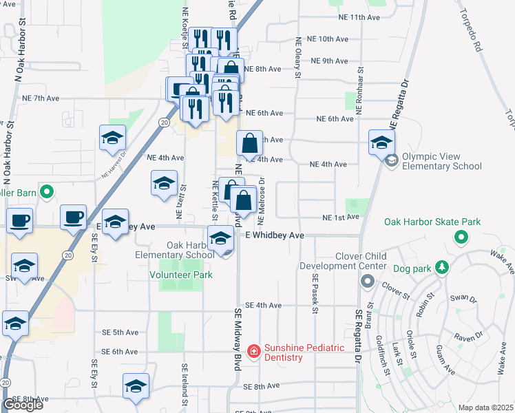 map of restaurants, bars, coffee shops, grocery stores, and more near 180 Northeast Melrose Drive in Oak Harbor