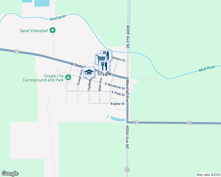 map of restaurants, bars, coffee shops, grocery stores, and more near 115 South Liberty Avenue in Grygla