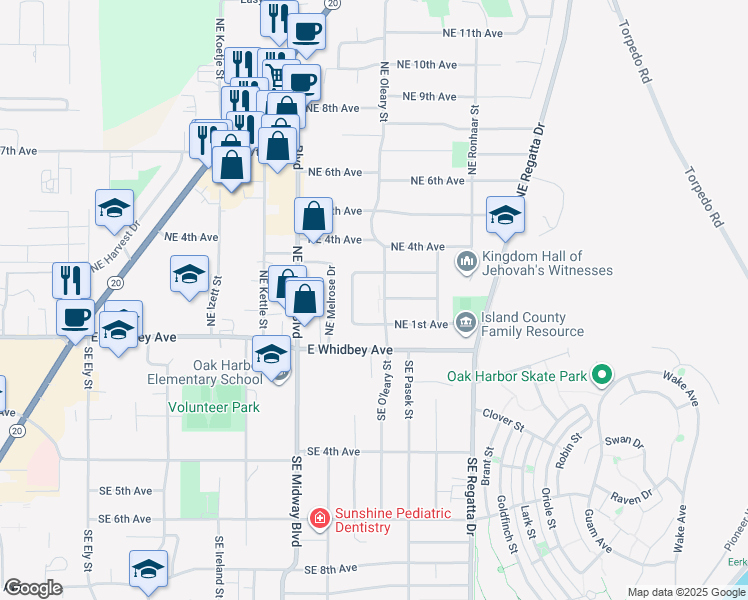 map of restaurants, bars, coffee shops, grocery stores, and more near 201 Northeast Oleary Street in Oak Harbor