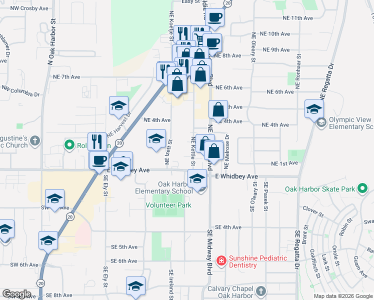 map of restaurants, bars, coffee shops, grocery stores, and more near 240 Northeast Izett Street in Oak Harbor