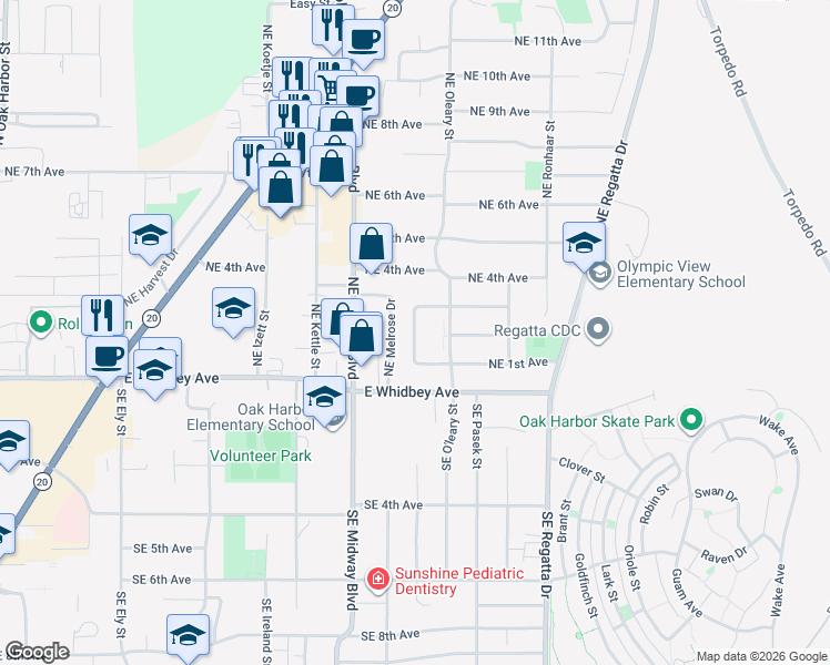 map of restaurants, bars, coffee shops, grocery stores, and more near 180 Northeast Melrose Drive in Oak Harbor