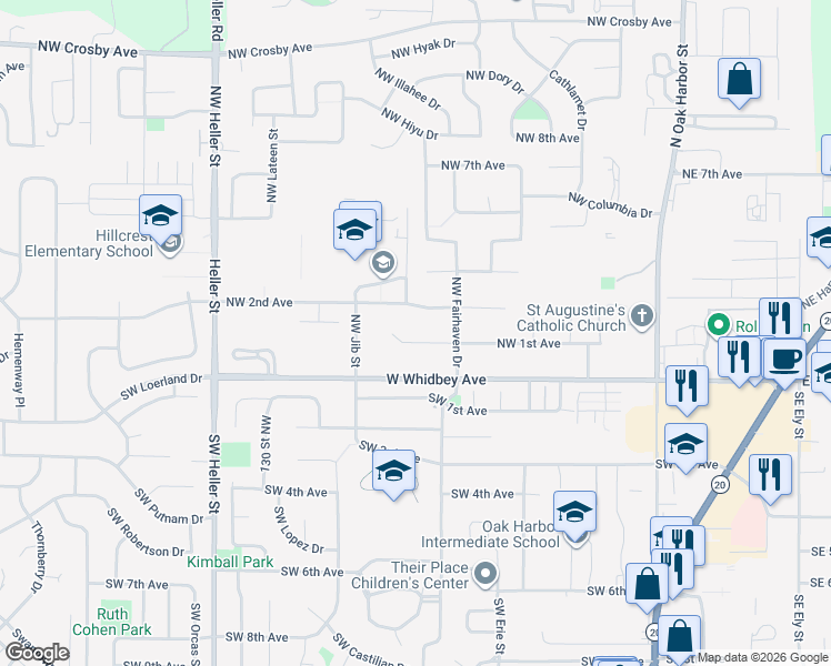 map of restaurants, bars, coffee shops, grocery stores, and more near 791 Northwest 2nd Avenue in Oak Harbor