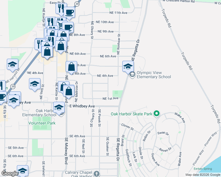 map of restaurants, bars, coffee shops, grocery stores, and more near 248 Northeast Queets Street in Oak Harbor