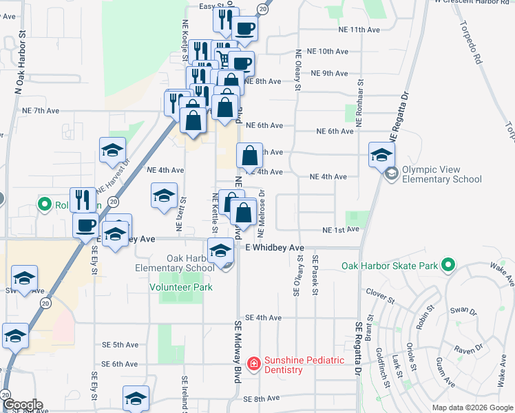 map of restaurants, bars, coffee shops, grocery stores, and more near 180 Northeast Melrose Drive in Oak Harbor
