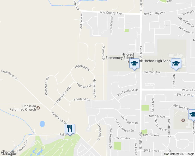 map of restaurants, bars, coffee shops, grocery stores, and more near 1231 Highland Drive in Oak Harbor