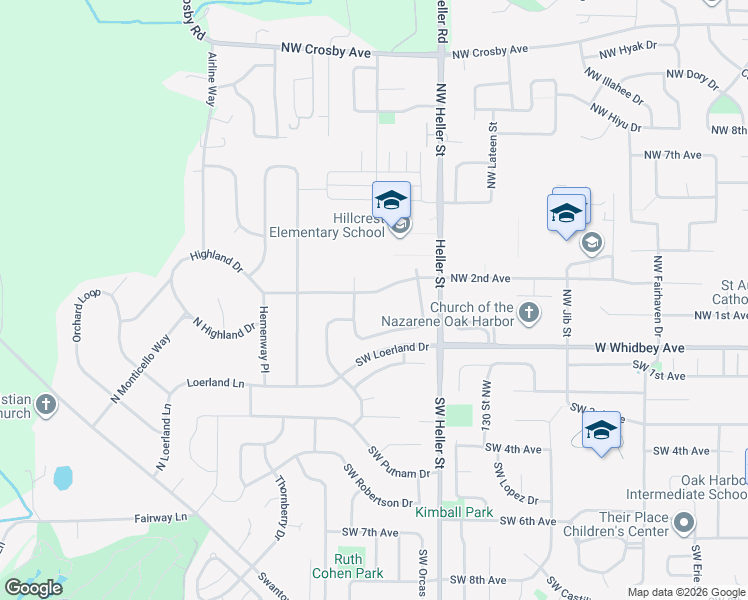 map of restaurants, bars, coffee shops, grocery stores, and more near 1647 Northwest 2nd Avenue in Oak Harbor