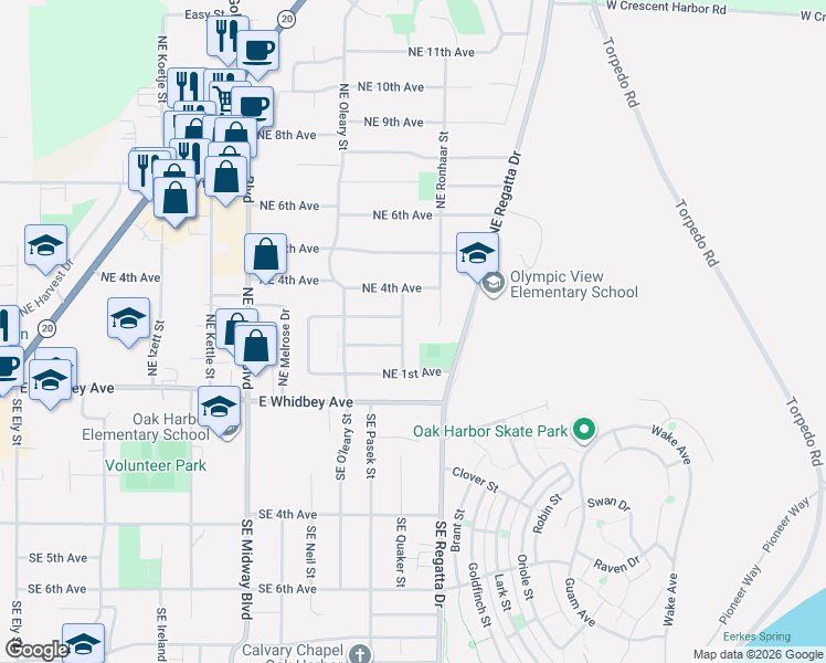 map of restaurants, bars, coffee shops, grocery stores, and more near 248 Northeast Queets Street in Oak Harbor