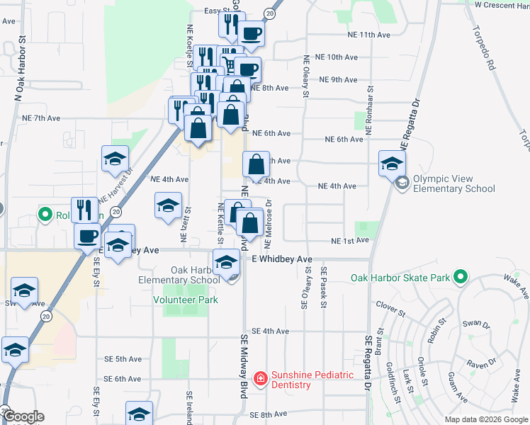 map of restaurants, bars, coffee shops, grocery stores, and more near 175 Northeast Melrose Drive in Oak Harbor