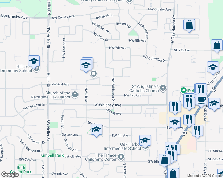 map of restaurants, bars, coffee shops, grocery stores, and more near 181 Northwest Fairhaven Drive in Oak Harbor