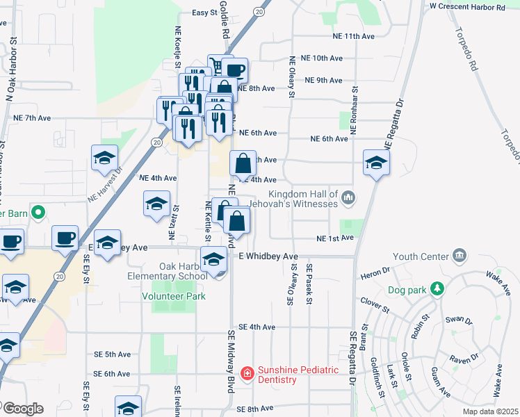 map of restaurants, bars, coffee shops, grocery stores, and more near 190 Northeast Melrose Drive in Oak Harbor