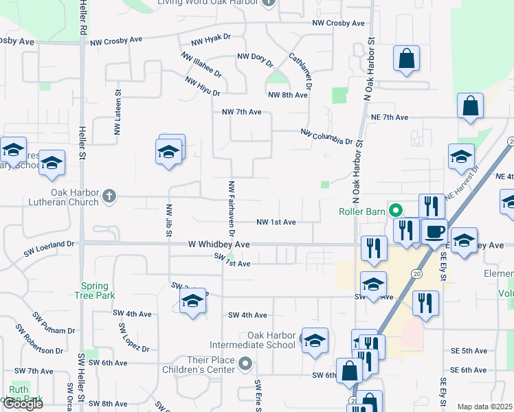map of restaurants, bars, coffee shops, grocery stores, and more near 527 Northwest 2nd Avenue in Oak Harbor
