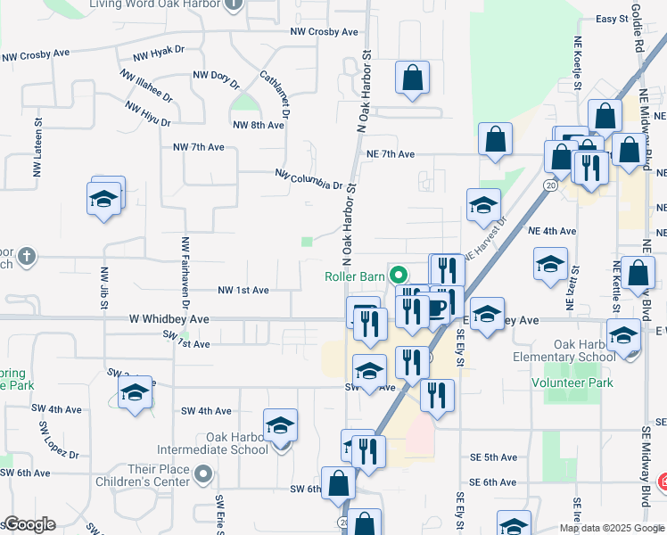 map of restaurants, bars, coffee shops, grocery stores, and more near 185 North Oak Harbor Street in Oak Harbor