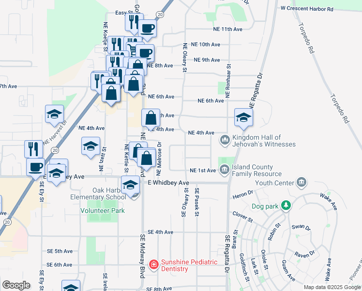 map of restaurants, bars, coffee shops, grocery stores, and more near 201 Northeast Oleary Street in Oak Harbor