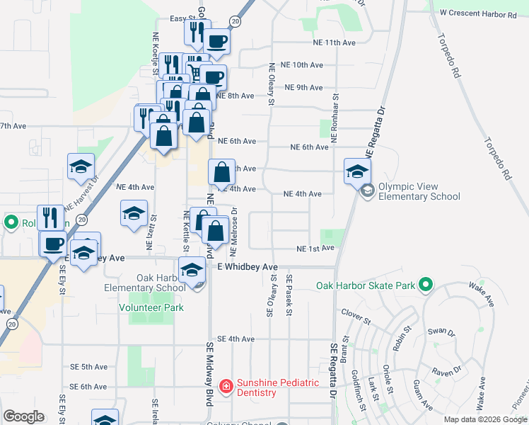 map of restaurants, bars, coffee shops, grocery stores, and more near 201 Northeast Oleary Street in Oak Harbor