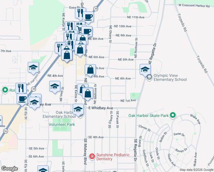 map of restaurants, bars, coffee shops, grocery stores, and more near 201 Northeast Oleary Street in Oak Harbor