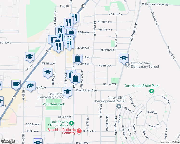 map of restaurants, bars, coffee shops, grocery stores, and more near 201 Northeast Oleary Street in Oak Harbor
