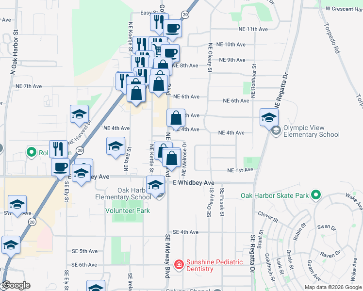 map of restaurants, bars, coffee shops, grocery stores, and more near 180 Northeast Melrose Drive in Oak Harbor