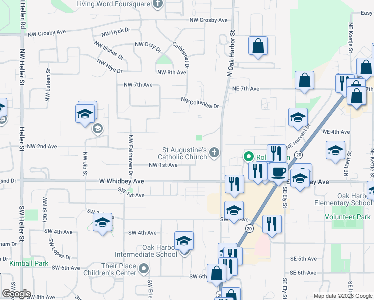 map of restaurants, bars, coffee shops, grocery stores, and more near 146 Northwest Captain Court in Oak Harbor