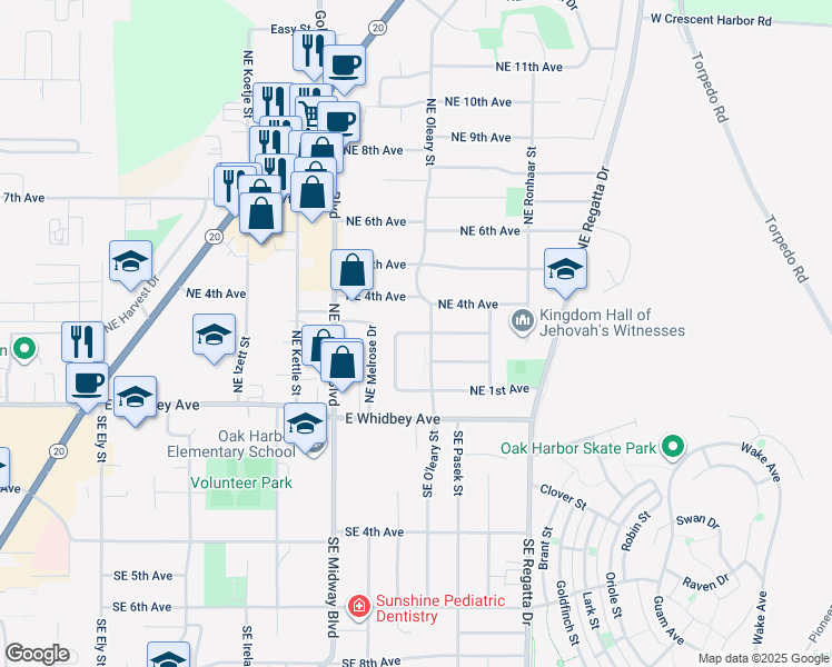 map of restaurants, bars, coffee shops, grocery stores, and more near 229 Northeast Nunan Loop in Oak Harbor