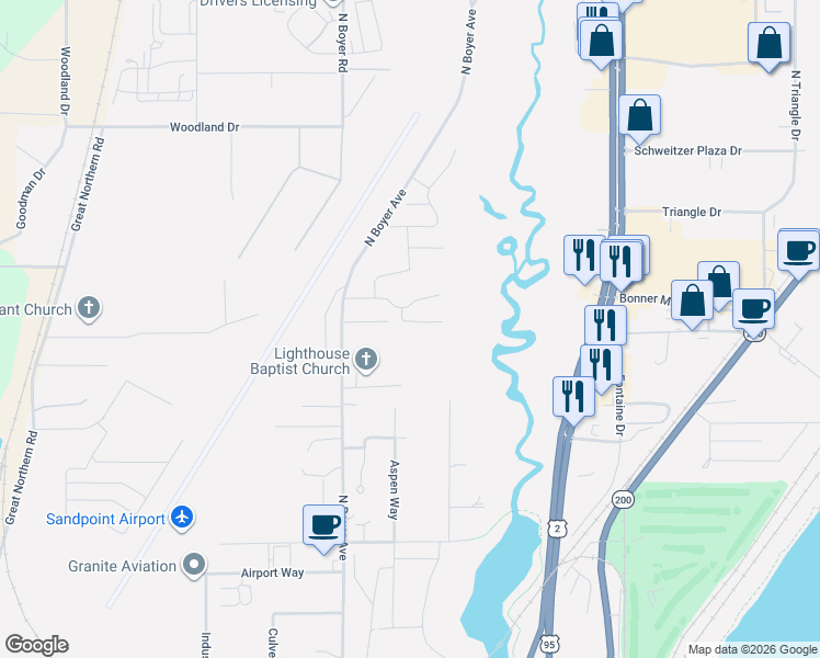map of restaurants, bars, coffee shops, grocery stores, and more near 329 Huppert Lane in Sandpoint