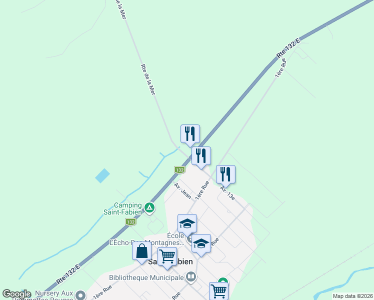 map of restaurants, bars, coffee shops, grocery stores, and more near 100 Route 132 Est in Saint-Fabien