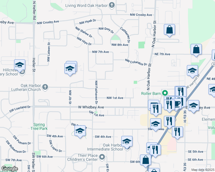 map of restaurants, bars, coffee shops, grocery stores, and more near 527 Northwest 2nd Avenue in Oak Harbor