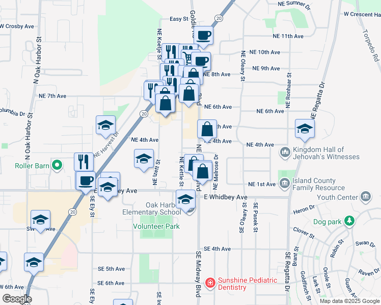 map of restaurants, bars, coffee shops, grocery stores, and more near 285 Northeast Midway Boulevard in Oak Harbor