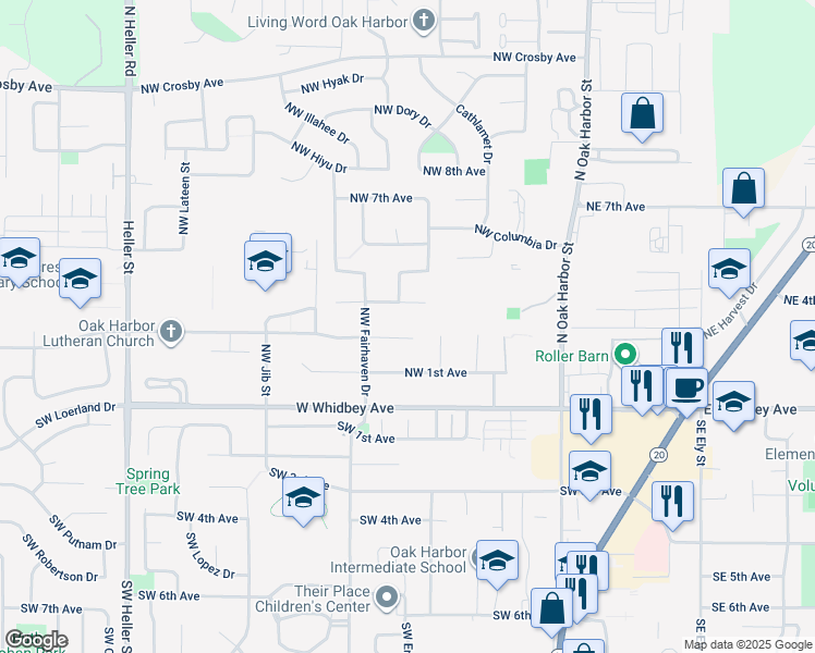 map of restaurants, bars, coffee shops, grocery stores, and more near 527 Northwest 2nd Avenue in Oak Harbor