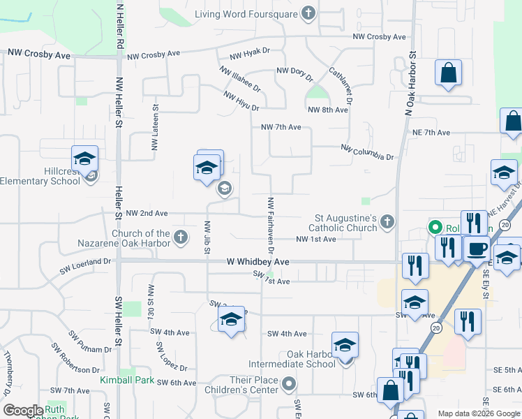 map of restaurants, bars, coffee shops, grocery stores, and more near 181 Northwest Fairhaven Drive in Oak Harbor