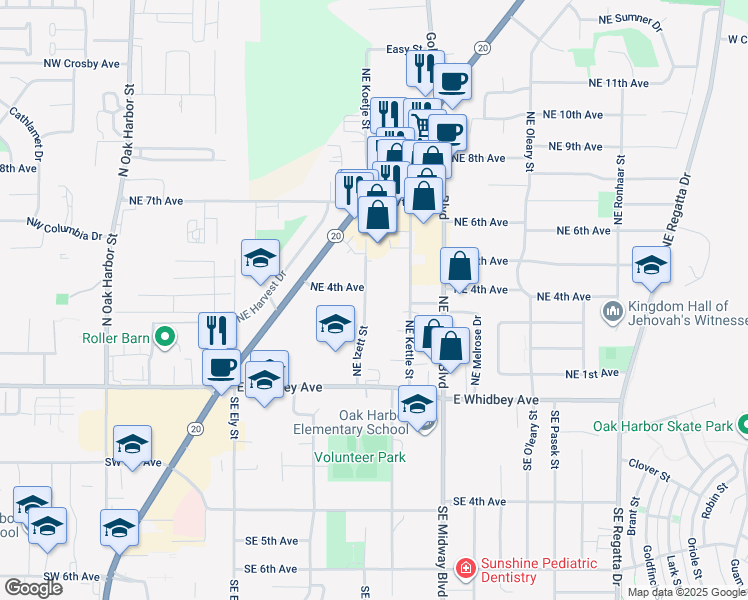 map of restaurants, bars, coffee shops, grocery stores, and more near 324 Northeast Izett Street in Oak Harbor