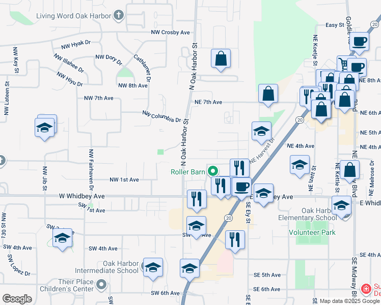 map of restaurants, bars, coffee shops, grocery stores, and more near 300 North Oak Harbor Street in Oak Harbor