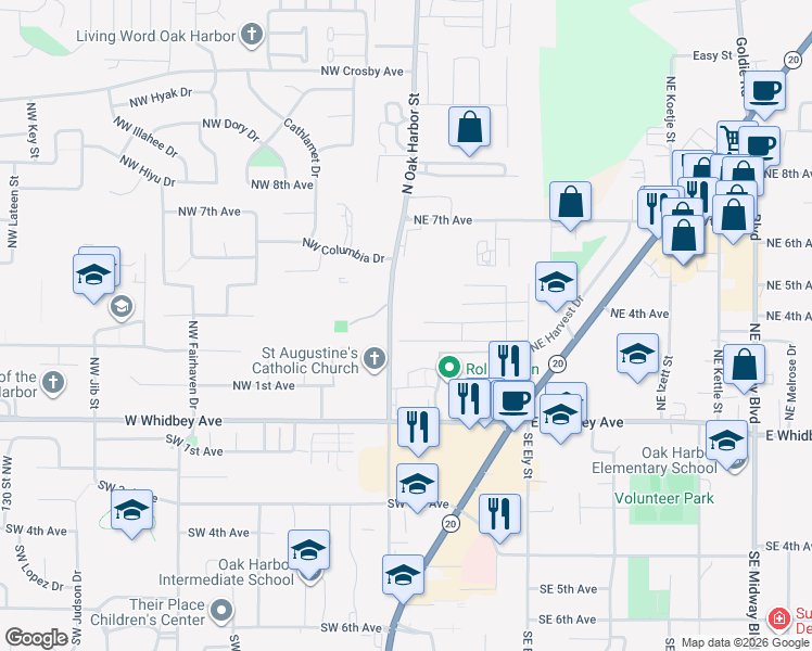 map of restaurants, bars, coffee shops, grocery stores, and more near 300 North Oak Harbor Street in Oak Harbor