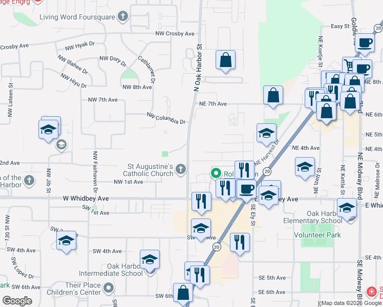 map of restaurants, bars, coffee shops, grocery stores, and more near 300 North Oak Harbor Street in Oak Harbor