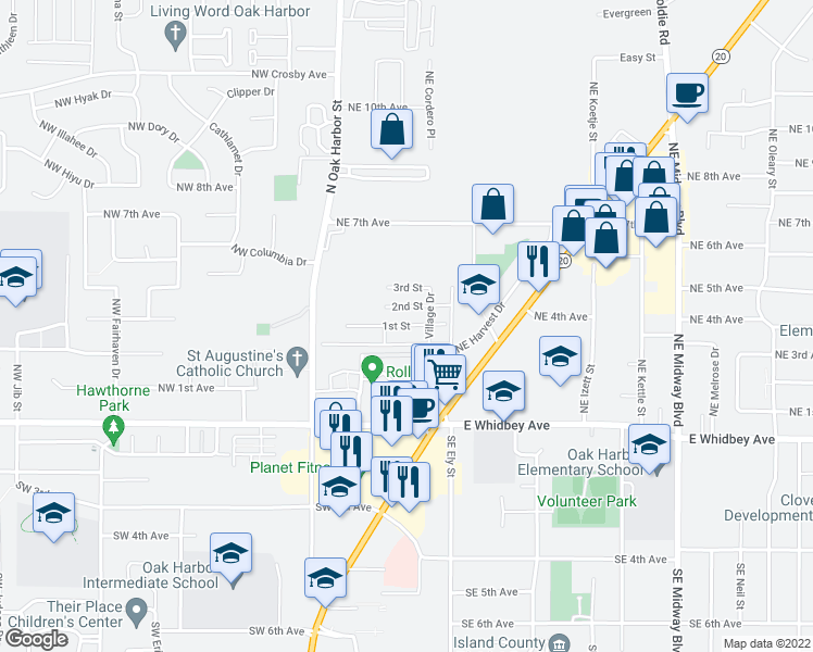 map of restaurants, bars, coffee shops, grocery stores, and more near 1st Street in Oak Harbor